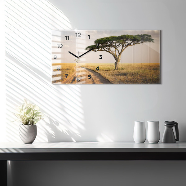 Glass wall clock rectangular African Landscape