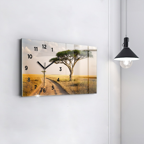 Glass wall clock rectangular African Landscape