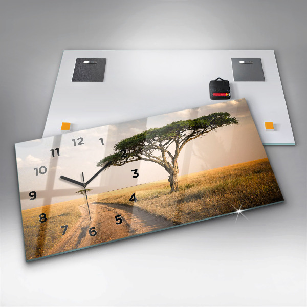 Glass wall clock rectangular African Landscape