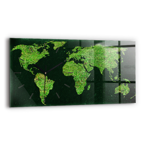 Glass wall clock rectangular Grass world map