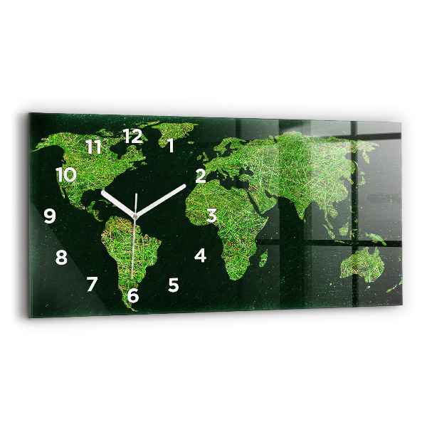 Glass wall clock rectangular Grass world map