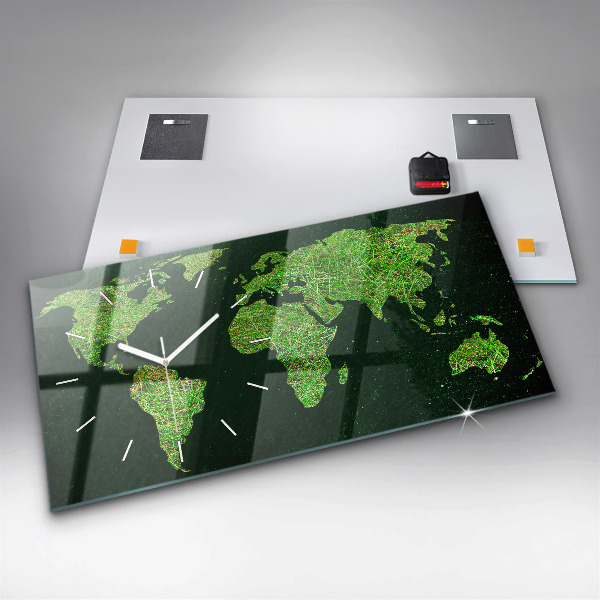 Glass wall clock rectangular Grass world map