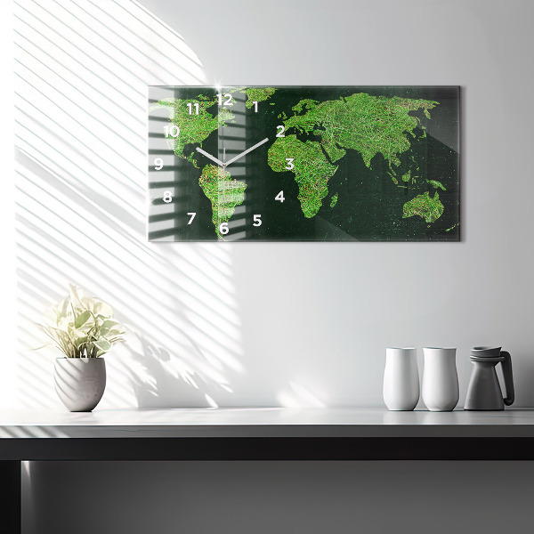 Glass wall clock rectangular Grass world map