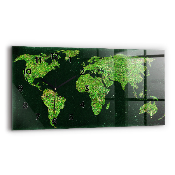 Glass wall clock rectangular Grass world map