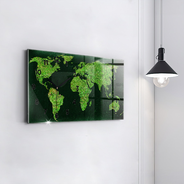 Glass wall clock rectangular Grass world map
