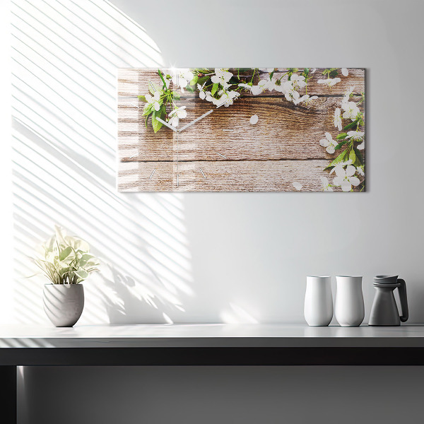 Glass wall clock rectangular Flowers on wood
