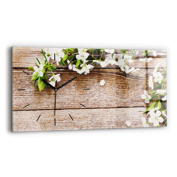Glass wall clock rectangular Flowers on wood