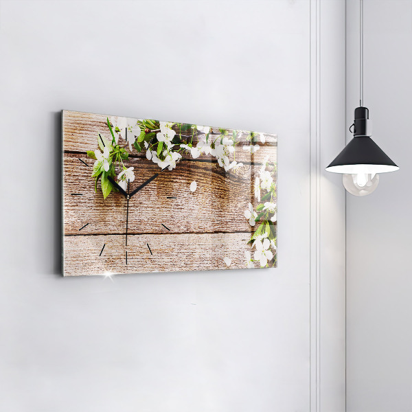 Glass wall clock rectangular Flowers on wood