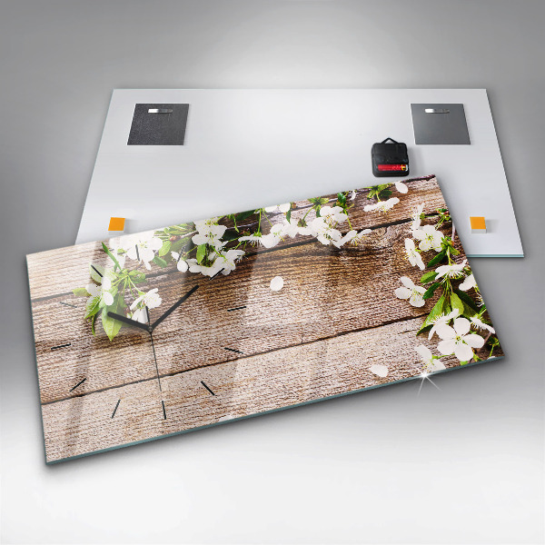 Glass wall clock rectangular Flowers on wood