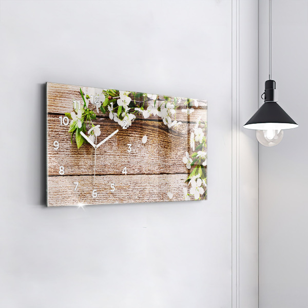 Glass wall clock rectangular Flowers on wood
