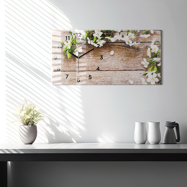 Glass wall clock rectangular Flowers on wood