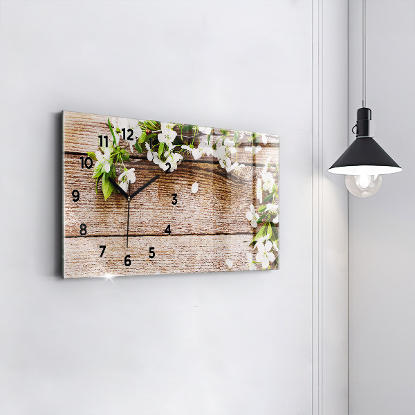 Glass wall clock rectangular Flowers on wood
