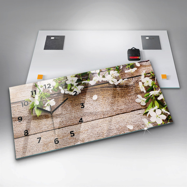 Glass wall clock rectangular Flowers on wood