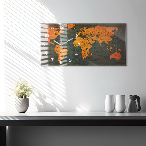 Glass wall clock rectangular World map