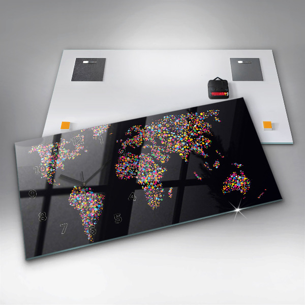 Glass wall clock rectangular World map made of dots
