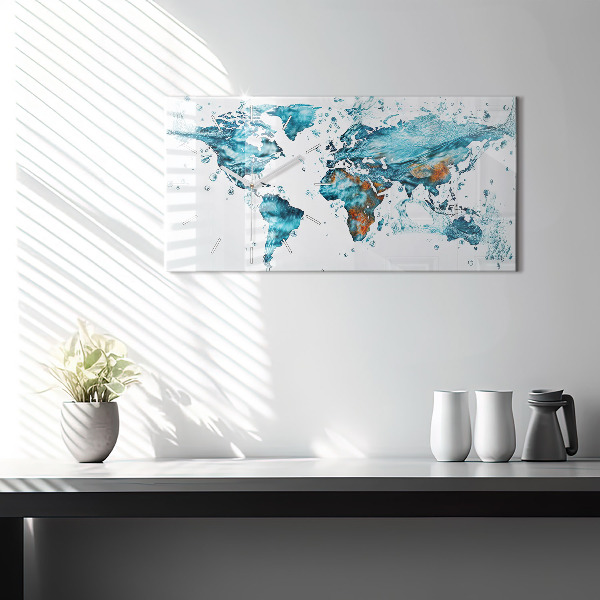 Glass wall clock rectangular Water map of the world