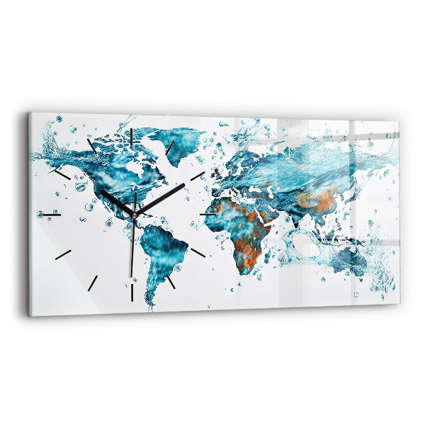 Glass wall clock rectangular Water map of the world