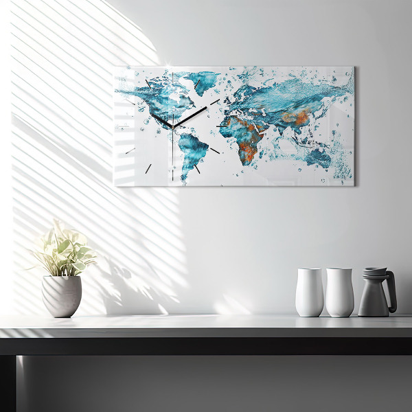 Glass wall clock rectangular Water map of the world