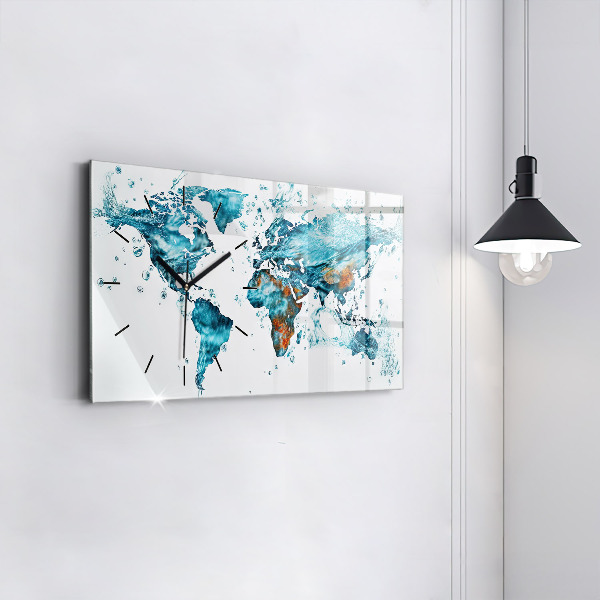 Glass wall clock rectangular Water map of the world