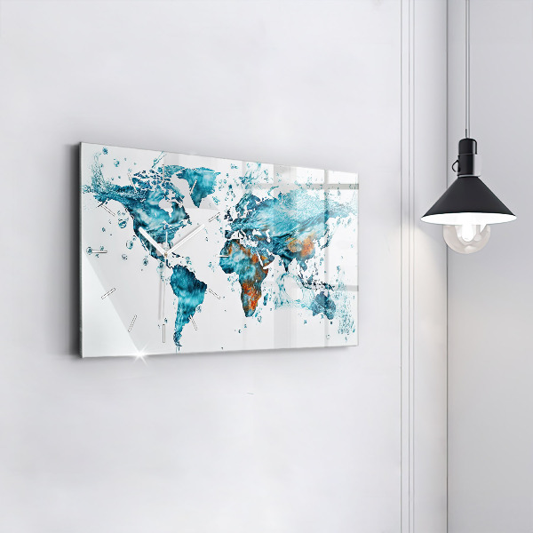 Glass wall clock rectangular Water map of the world
