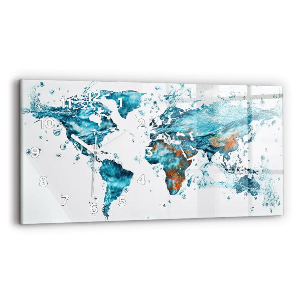 Glass wall clock rectangular Water map of the world