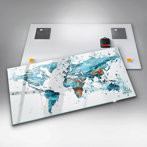 Glass wall clock rectangular Water map of the world