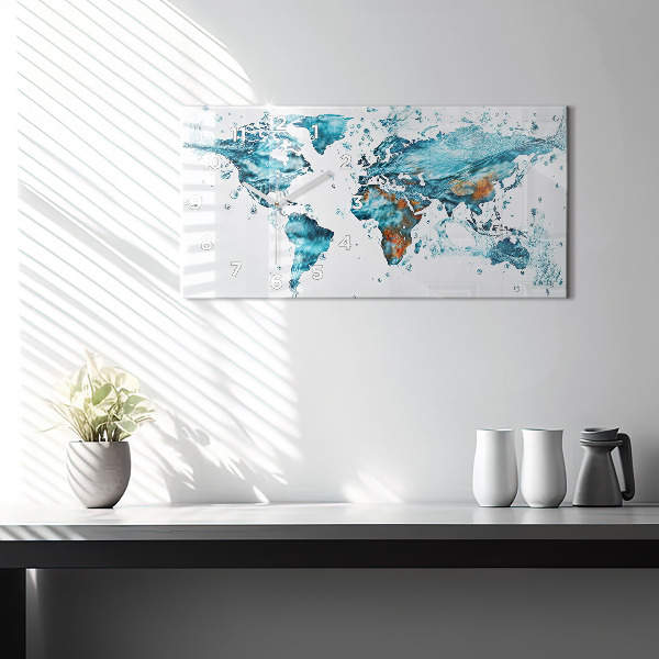 Glass wall clock rectangular Water map of the world