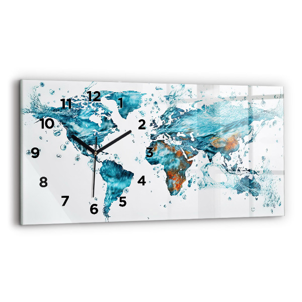Glass wall clock rectangular Water map of the world