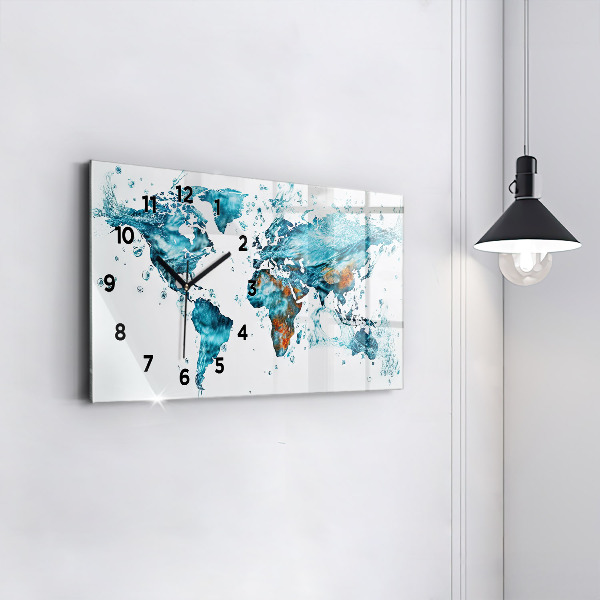 Glass wall clock rectangular Water map of the world