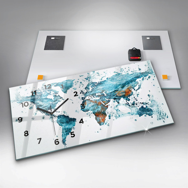 Glass wall clock rectangular Water map of the world