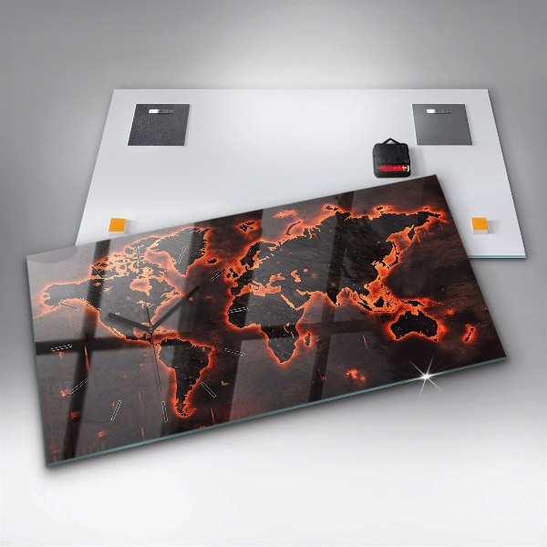 Glass wall clock rectangular World map