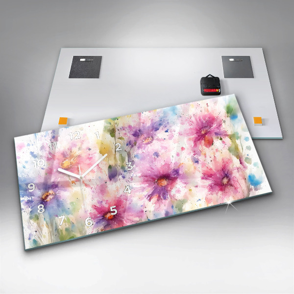 Glass wall clock rectangular Painted flowers