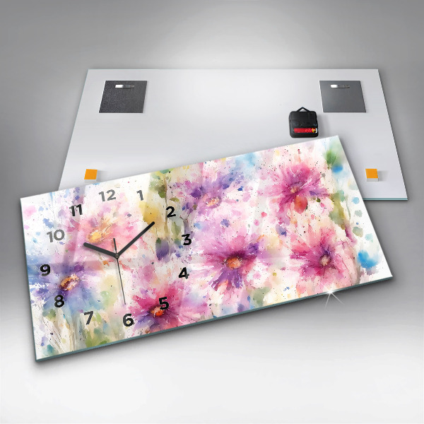 Glass wall clock rectangular Painted flowers