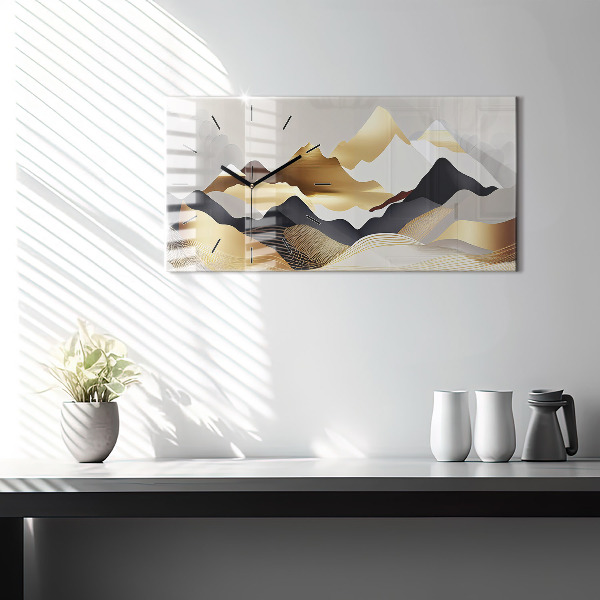 Glass wall clock rectangular Abstract golden mountains