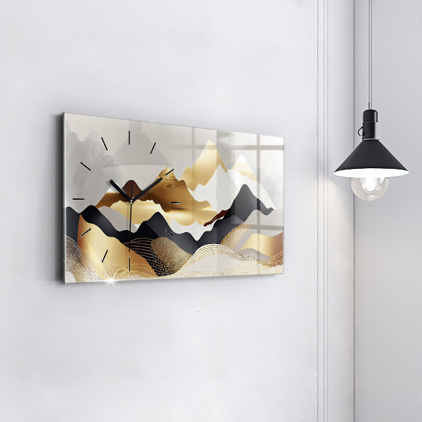 Glass wall clock rectangular Abstract golden mountains