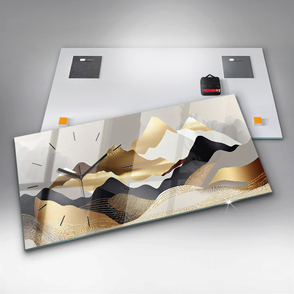Glass wall clock rectangular Abstract golden mountains