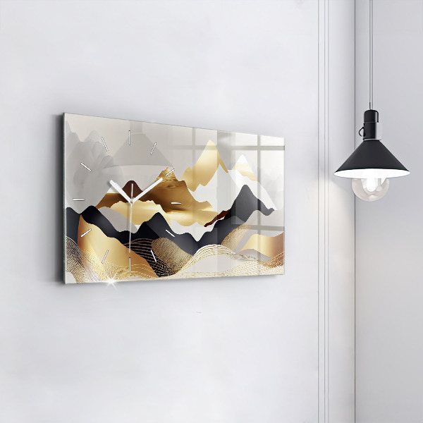 Glass wall clock rectangular Abstract golden mountains