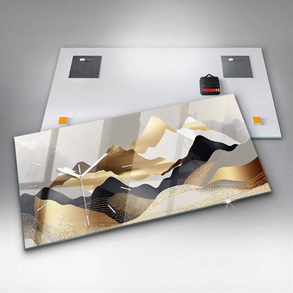Glass wall clock rectangular Abstract golden mountains