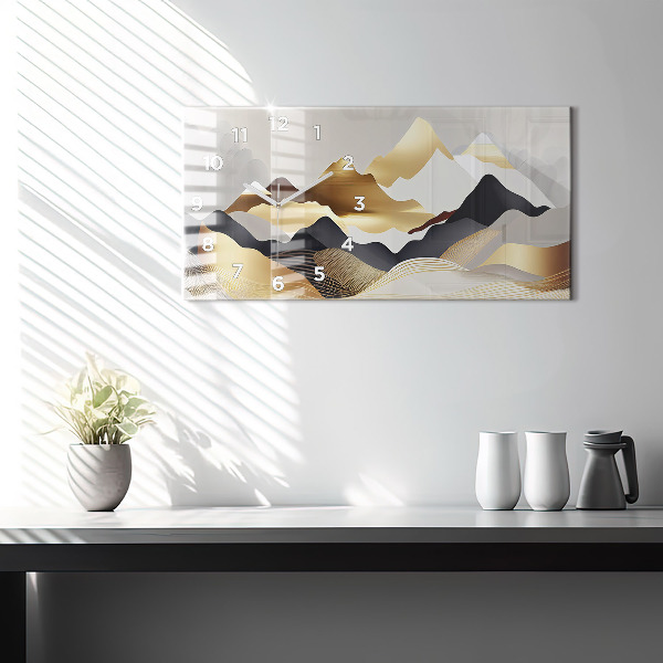 Glass wall clock rectangular Abstract golden mountains