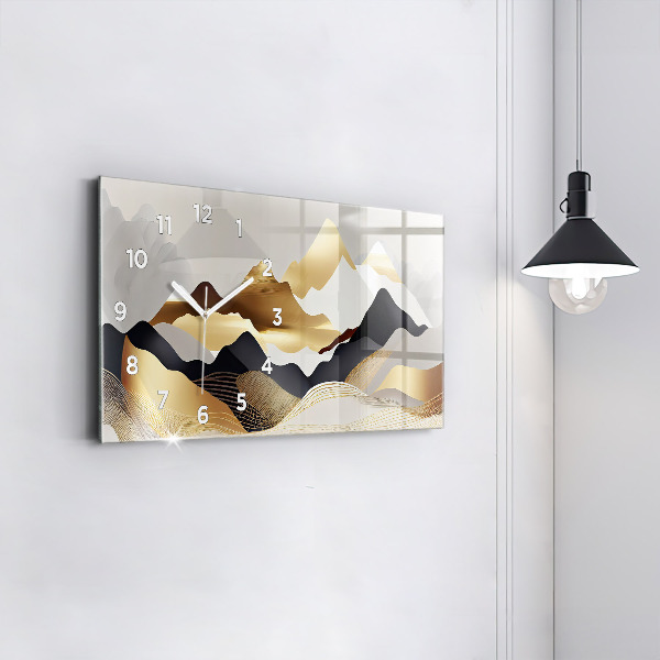 Glass wall clock rectangular Abstract golden mountains
