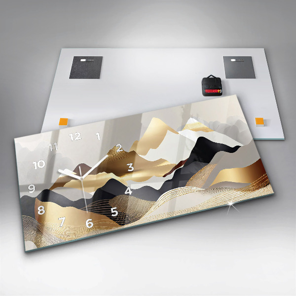 Glass wall clock rectangular Abstract golden mountains