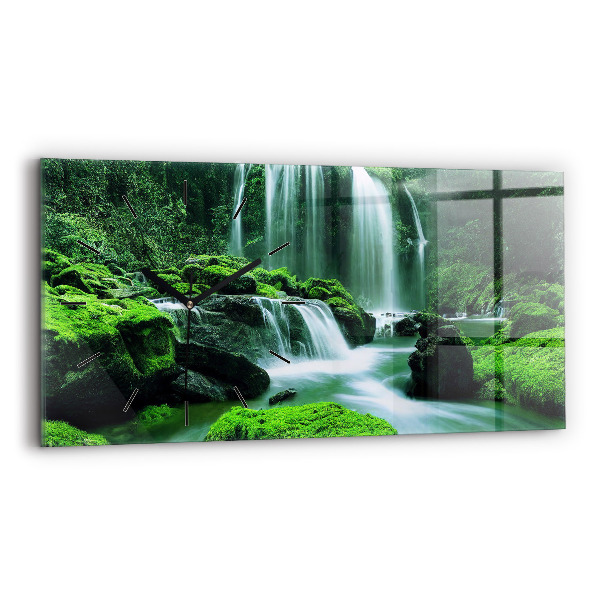 Glass wall clock rectangular Waterfall among the moss