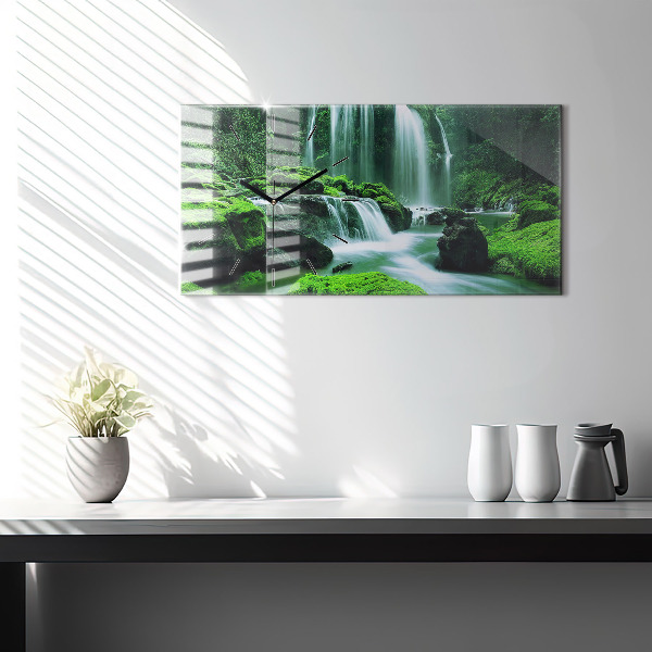 Glass wall clock rectangular Waterfall among the moss