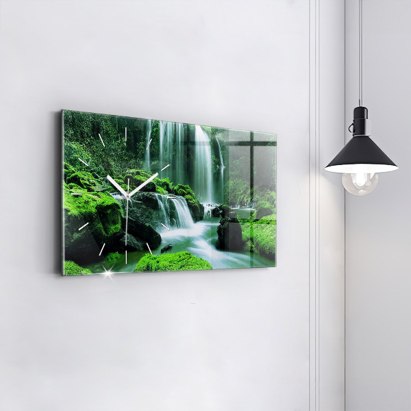 Glass wall clock rectangular Waterfall among the moss