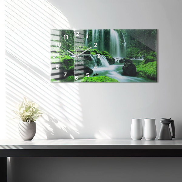 Glass wall clock rectangular Waterfall among the moss