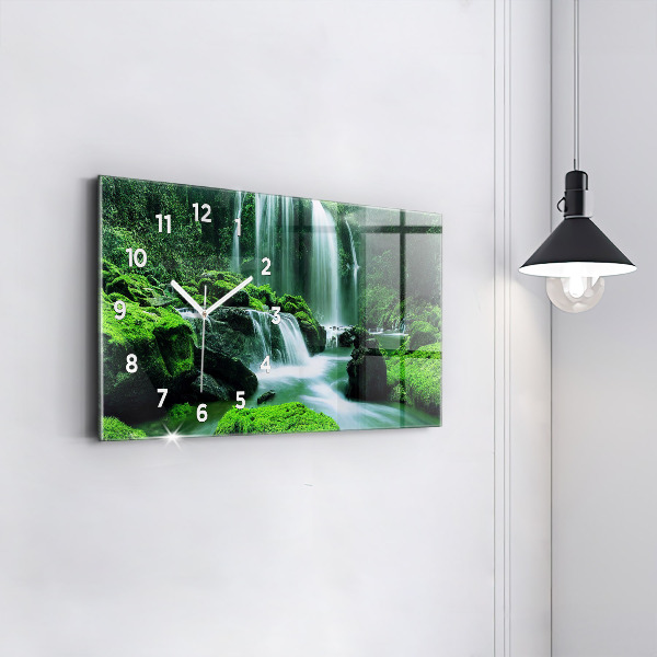 Glass wall clock rectangular Waterfall among the moss