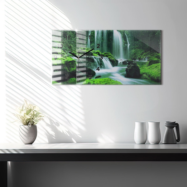 Glass wall clock rectangular Waterfall among the moss