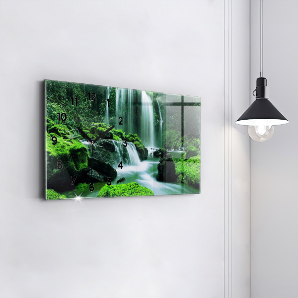 Glass wall clock rectangular Waterfall among the moss
