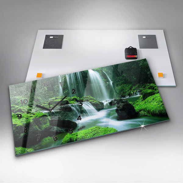 Glass wall clock rectangular Waterfall among the moss