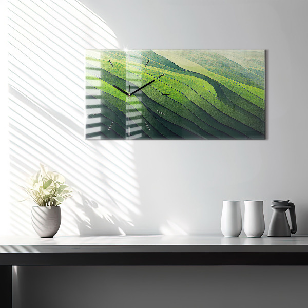 Glass wall clock rectangular Green Fields Abstraction